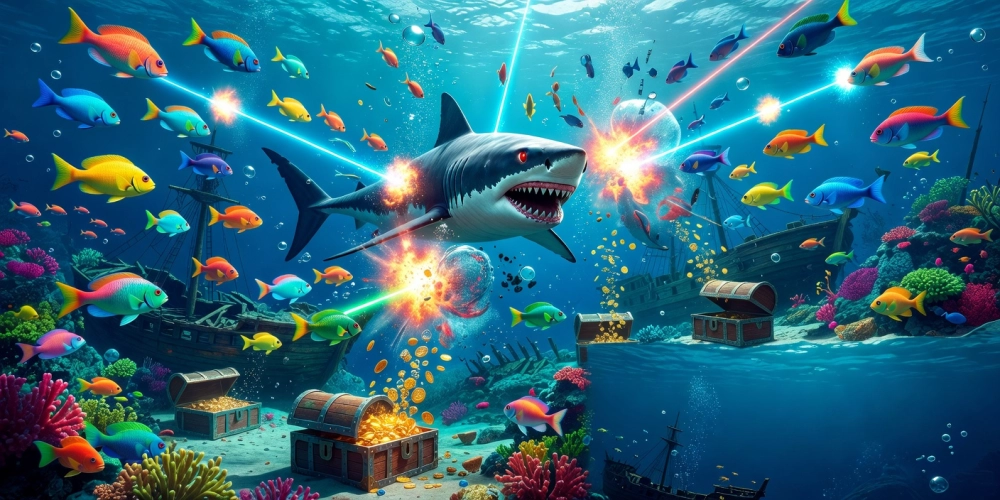 Giao diện game bắn cá đại dương nh88 với cá khổng lồ và súng mạnh mẽ