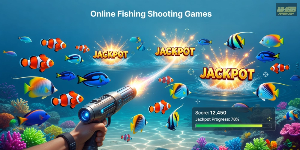 Minh họa giao diện game bắn cá nổ hũ nh88 với cá lớn và jackpot