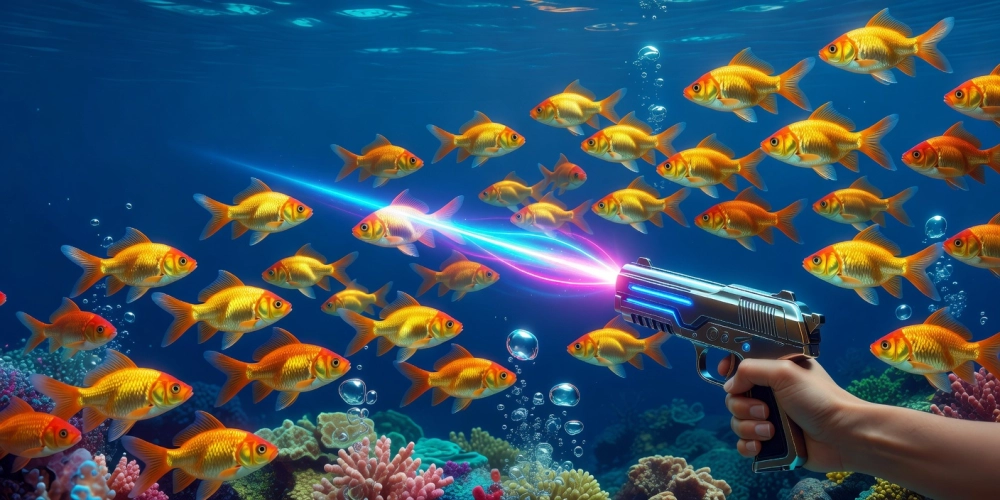 Minh họa giao diện game bắn cá vàng nh88 với cá bơi lội và hiệu ứng bắn súng sống động