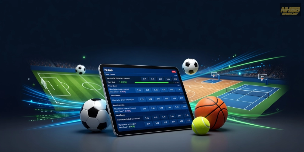 Minh họa khái niệm cá cược thể thao nh88 với giao diện nền tảng hiện đại và các môn thể thao phổ biến