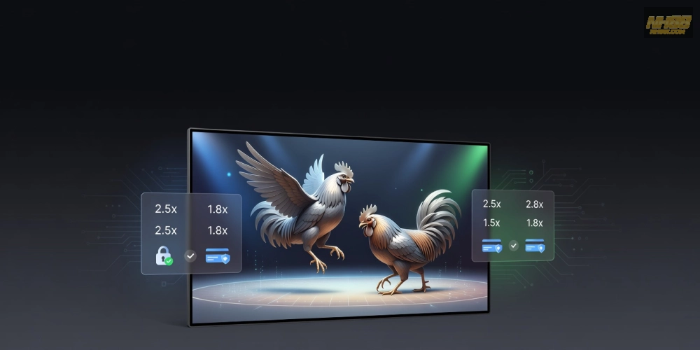 Minh họa khái niệm đá gà trực tuyến nh88 với giao diện nền tảng hiện đại và biểu tượng gà chọi