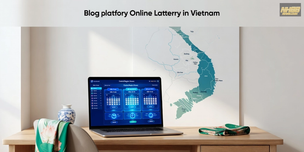 Minh họa khái niệm xổ số miền trung nh88 với giao diện nền tảng trực tuyến hiện đại và vé số ảo