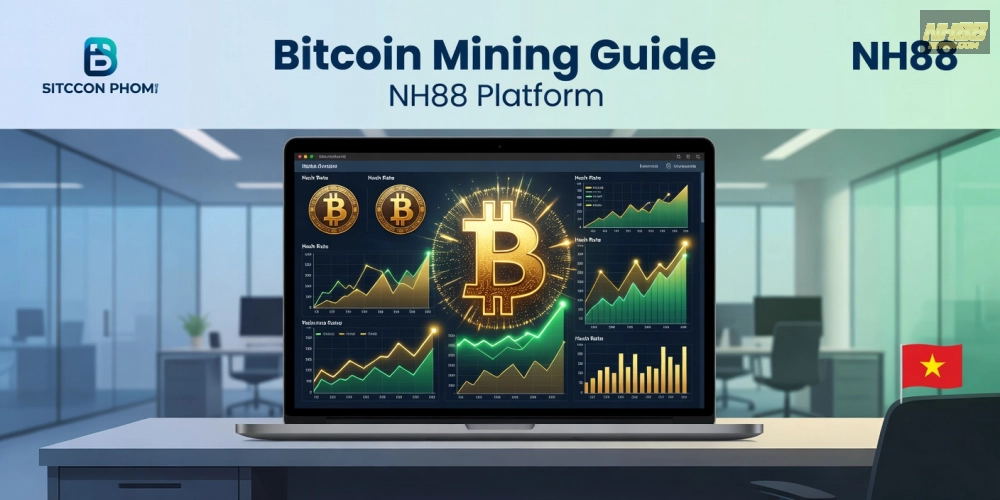 Minh họa khái niệm hướng dẫn đào Bitcoin trên nền tảng nh88 với biểu đồ đơn giản và thiết bị mining