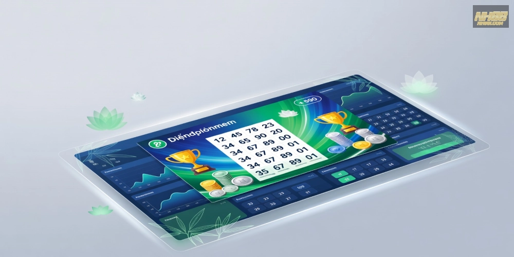 Minh họa khái niệm xổ số kiến thiết nh88 với vé số hiện đại và biểu tượng may mắn
